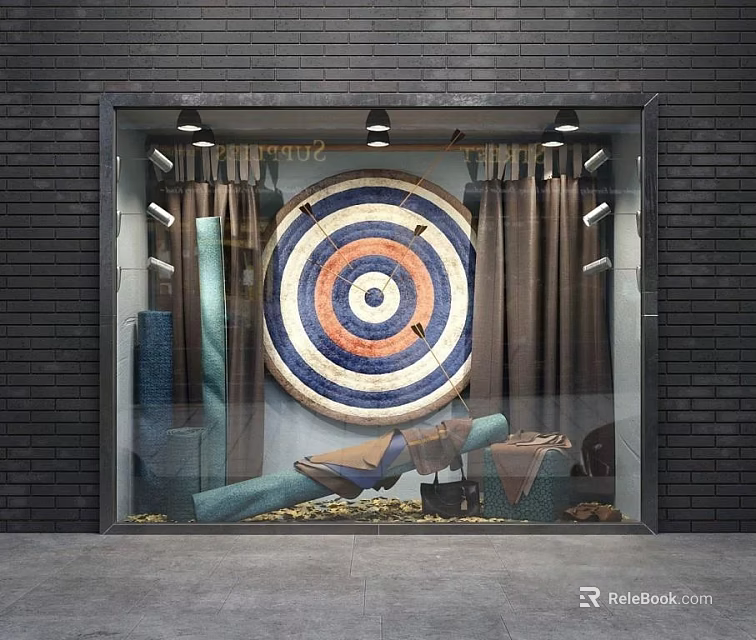 Shop Window Display With Colorful Target Pattern Curtains And Rolled Fabrics 3d model 