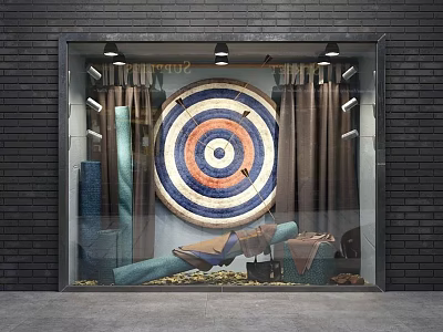 Shop Window Display With Colorful Target Pattern Curtains And Rolled Fabrics 3d model