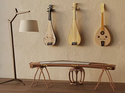 Traditional Chinese Music Room Interior With Wall Mounted Pipa Guzheng Wooden Stand And Floor Lamp 3d model