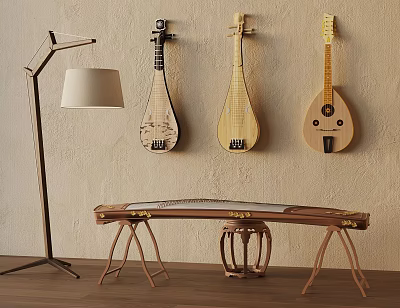 Traditional Chinese Music Room Interior With Wall Mounted Pipa Guzheng Wooden Stand And Floor Lamp 3d model