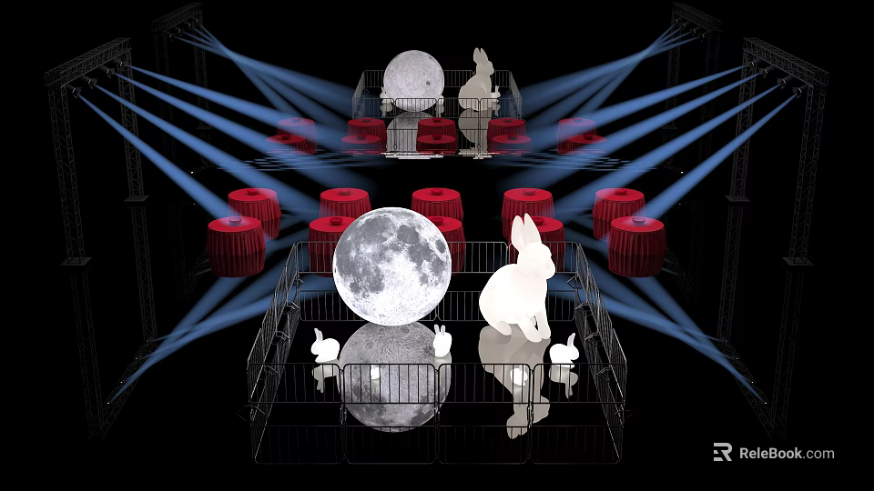 Inflatable Moon Rabbit Decorations with Red Barrels Stage Lights and Display Frame 3d model 