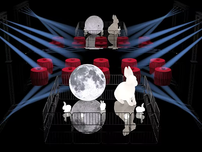 Inflatable Moon Rabbit Decorations with Red Barrels Stage Lights and Display Frame 3d model