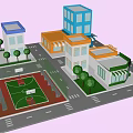 Cartoon City Scene With Colorful Buildings Street Shops Trees And Sports Court