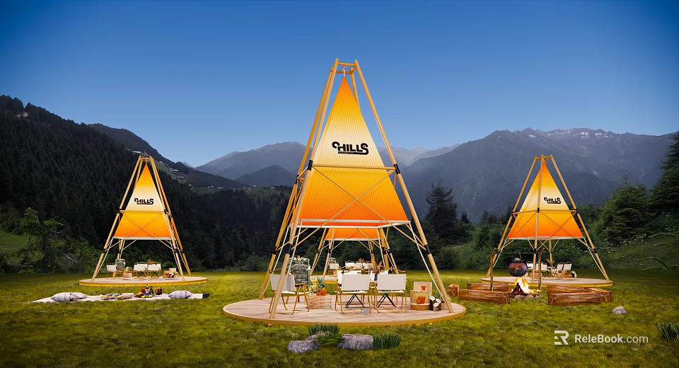 Scenic Camping Site with Triangle Tents CHILLS Logo and Mountain Backdrop 3d model 