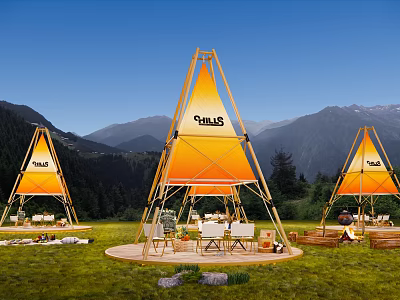 Scenic Camping Site with Triangle Tents CHILLS Logo and Mountain Backdrop 3d model