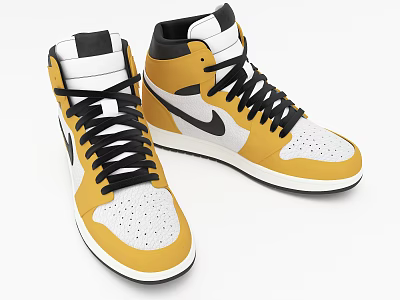 High Top Shoes Yellow White Black Color With Swoosh Logo Breathable Perforated Toe 3d model
