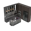 Modern Kitchen With Dark Wood Cabinets Marble Countertop Built-in Appliances And Wine Display Area