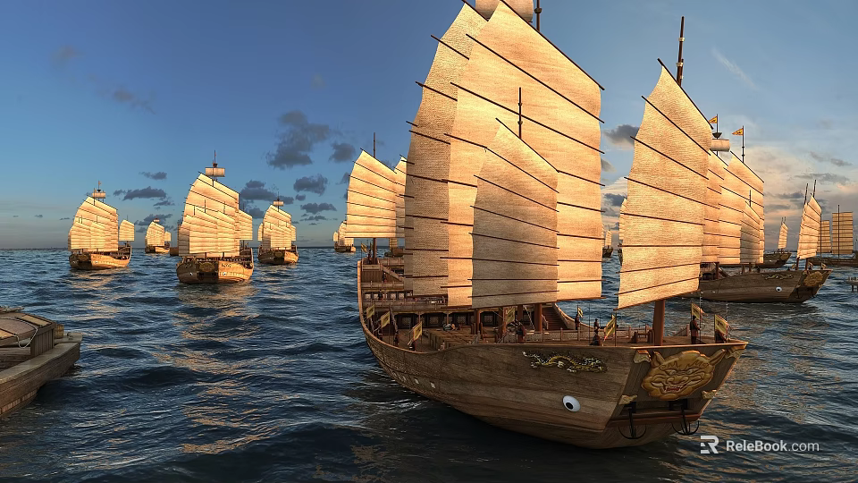 Traditional Wooden Sailing Boats With Large Sails Navigating On The Open Ocean 3d model 