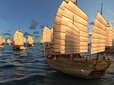 Traditional Wooden Sailing Boats With Large Sails Navigating On The Open Ocean 3d model