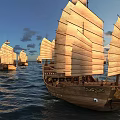 Traditional Wooden Sailing Boats With Large Sails Navigating On The Open Ocean
