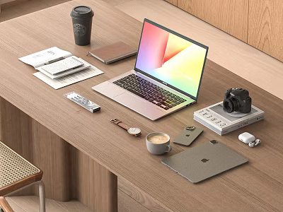 Laptop with Colorful Screen on Wooden Desk Including Tablet Camera and Office Accessories 3d model