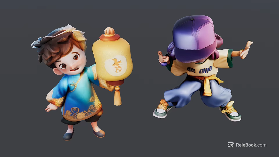 Two Kids In Traditional Chinese Costume With Lantern And Dancing Pose 3d model 