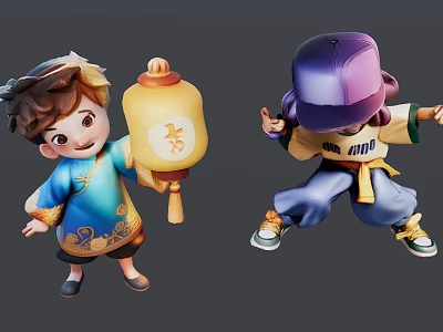 Two Kids In Traditional Chinese Costume With Lantern And Dancing Pose 3d model