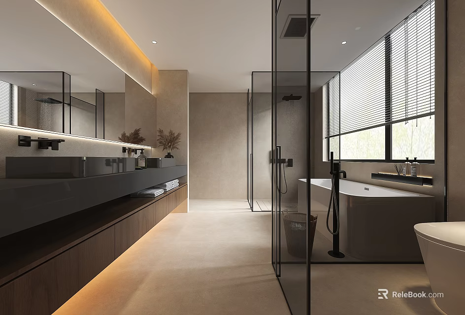 Modern Bathroom Interior With Glass Shower Enclosure Bathtub Large Mirror Vanity And Ambient Lighting 3d model 