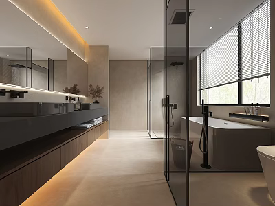 Modern Bathroom Interior With Glass Shower Enclosure Bathtub Large Mirror Vanity And Ambient Lighting 3d model