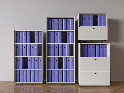 White Office File Cabinets With Multiple Drawers Holding Purple Folders 3d model