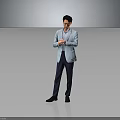 Man In Light Blue Blazer And Dark Pants Standing On Gray Background Using Hands 3d model