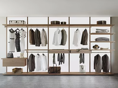 Modern Walk in Closet Interior With Wooden Shelves Hanging Clothes And Storage Bags 3d model