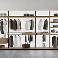 Modern Walk in Closet Interior With Wooden Shelves Hanging Clothes And Storage Bags