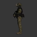 Standing Military Figure in Camouflage Uniform Helmet Body Armor and Rifle With Outstretched Arms
