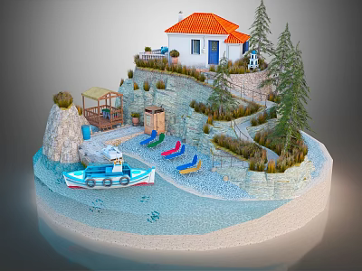Tiny Island With Red Roof House Blue Boat Pine Trees And Stone Steps 3d model