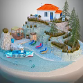 Tiny Island With Red Roof House Blue Boat Pine Trees And Stone Steps