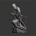 Game Movie Character in White Hood Assassin Outfit Standing On Rock Base With Weapon Statue 3d model