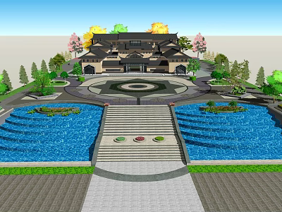 Traditional Chinese Museum Building With Circular Square Water Pool Steps And Greenery 3d model