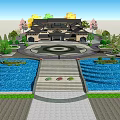 Traditional Chinese Museum Building With Circular Square Water Pool Steps And Greenery