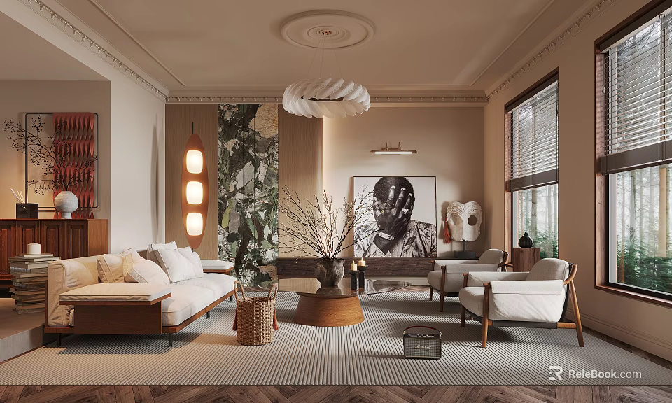 Elegant Modern Living Room Interior Design With Sofa Chandelier Indoor Plants Artwork Rug And Windows 3d model 