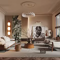 Elegant Modern Living Room Interior Design With Sofa Chandelier Indoor Plants Artwork Rug And Windows