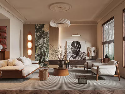 Elegant Modern Living Room Interior Design With Sofa Chandelier Indoor Plants Artwork Rug And Windows 3d model