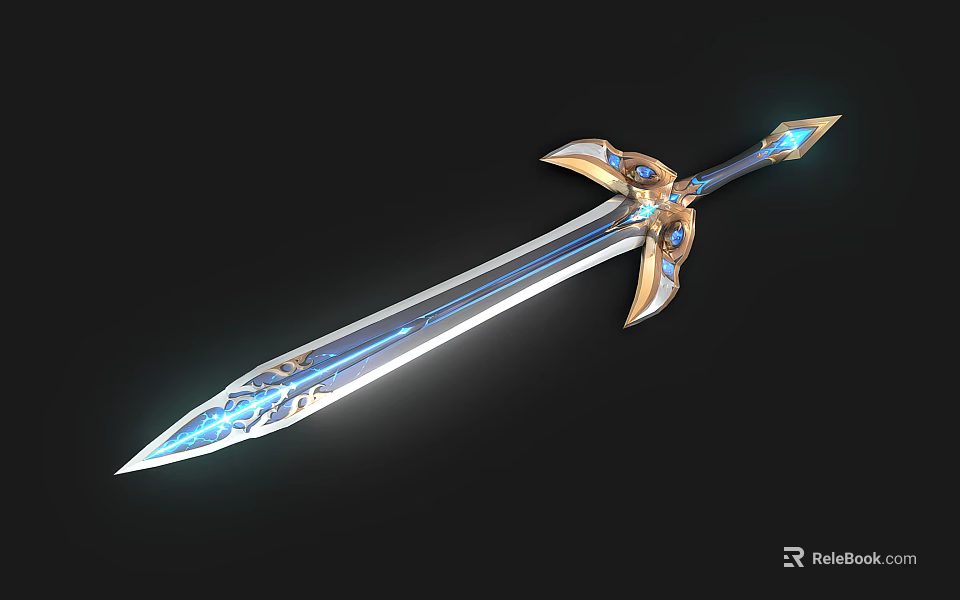Enchanting Fantasy Sword With Blue Glowing Blade And Golden Ornate Hilt 3d model 