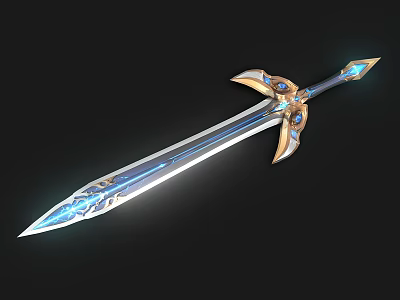 Enchanting Fantasy Sword With Blue Glowing Blade And Golden Ornate Hilt 3d model