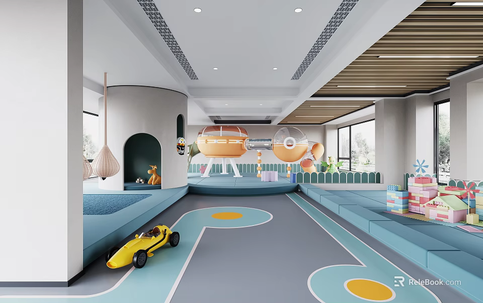 Bright Kindergarten Interior With Toy Car Play Structures And Blue Seating 3d model