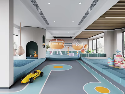 Bright Kindergarten Interior With Toy Car Play Structures And Blue Seating 3d model