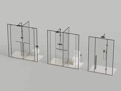 Three Modern Shower Heads Installed in Glass Shower Enclosures with Sleek Design 3d model