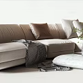 Modern Sectional Sofa with Beige Green Upholstery Pillows Side Table and Plant