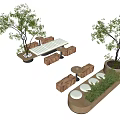 Outdoor Table Surrounded by Trees Green Plants and Wooden Stools in Natural Setting