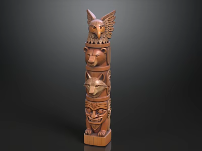 Wooden Totem Pole With Eagle Bear Fox And Human Face Carvings 3d model