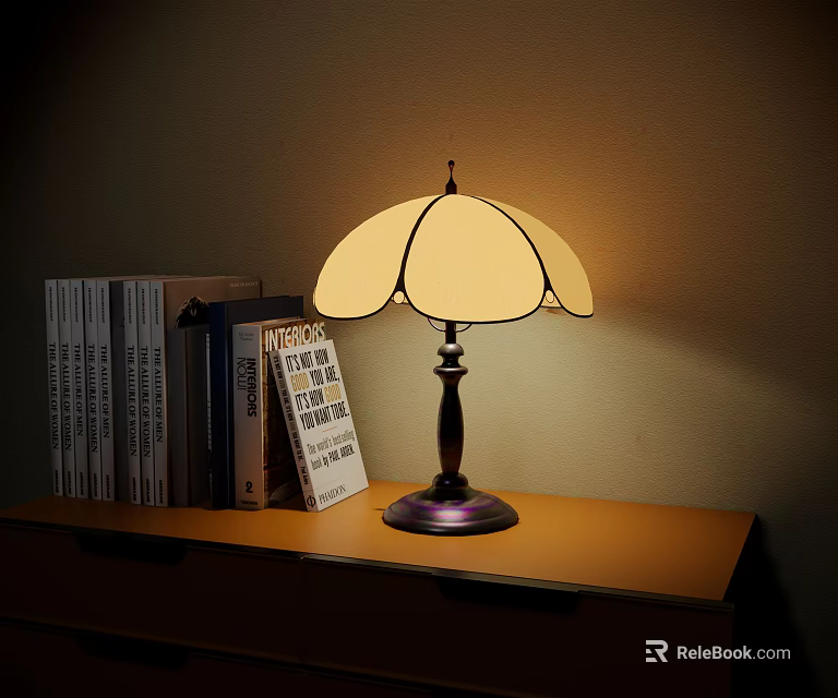 Vintage Table Lamp With Classic Design On Wooden Shelf Beside Books And Soft Light 3d model 