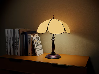 Vintage Table Lamp With Classic Design On Wooden Shelf Beside Books And Soft Light 3d model