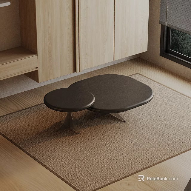 Modern Living Room Sofa and Coffee Table Set with Black Round Tables on Beige Rug 3d model 