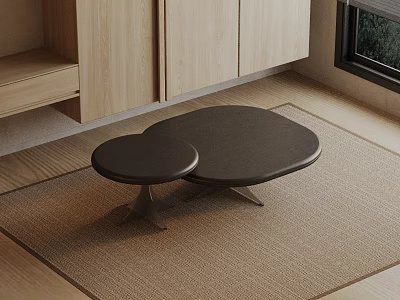 Modern Living Room Sofa and Coffee Table Set with Black Round Tables on Beige Rug 3d model