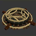 Intricate Circular Mechanical Device With Layered Metal Rings And Wooden Components