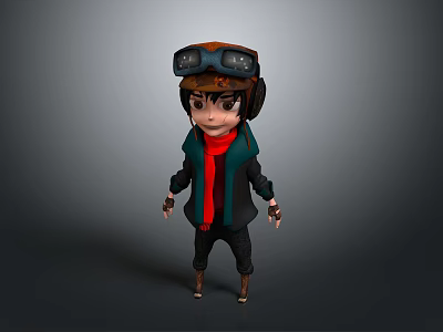 Cartoon Character With Aviator Goggles Red Scarf Black Coat Brown Boots And 3D Design 3d model