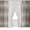 Beige and White Curtains with Elegant Drapery Tied by Sashes and Window Background