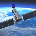 Satellite With Solar Panels And Antenna Dish Orbiting Earth In Blue Space Background