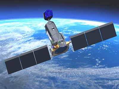 Satellite With Solar Panels And Antenna Dish Orbiting Earth In Blue Space Background 3d model