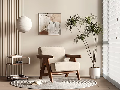 Beige Cushioned Wooden Frame Leisure Chair With Side Table Potted Plant And Abstract Painting 3d model